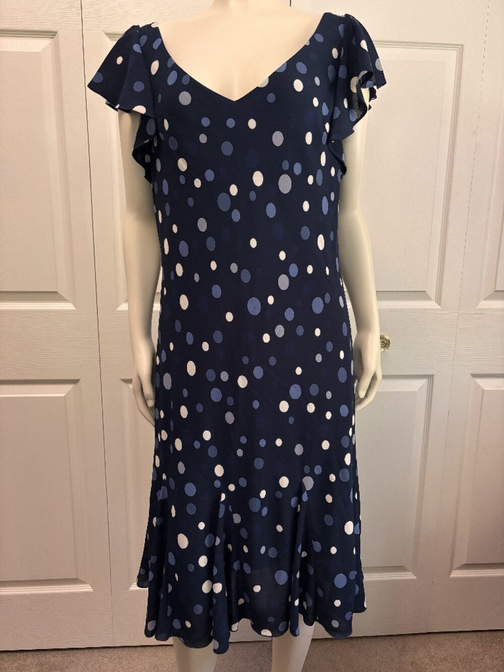 S.L. Fashions Petite 14P Navy Polka Dot Midi Dress Flutter Sleeve Lined